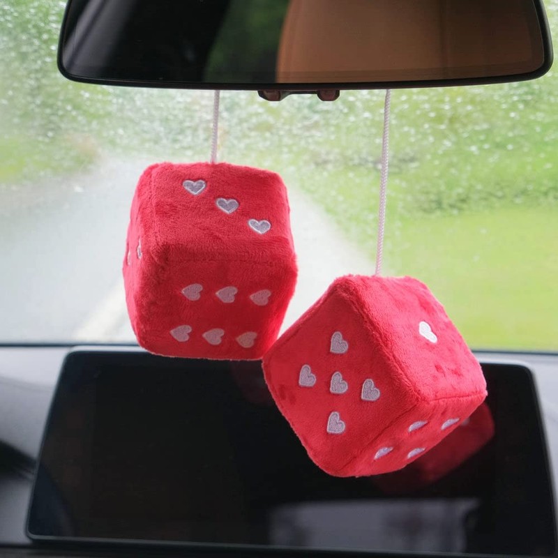 Pair 3” Fuzzy Plush Dice Heart Shape Decor for Car