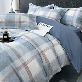 HighBuy Geometric Plaid Duvet Cover Set King 100% Brushed Cotton Buffalo Grid White Blue Buffalo Checkered Bedding Set Gingham Bedding Comforter Cover with Zipper,2 Pillowcases