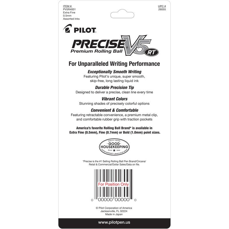 PILOT Precise V5 RT Pens, 0.5 mm, Black/Blue/Red/Green, Pack of