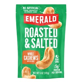 Emerald Nuts Roasted and Salted Whole Cashews (1-Pack), 5oz Resealable Bag, Kosher Certified, Non-GMO, Contains No Artificial Preservatives, Flavors or Synthetic Colors