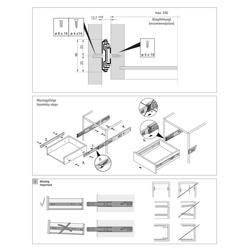 Hafele Stainless Steel Side Mount Drawer Runners, 35kg Load Capacity,