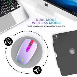 FUWANG Rechargeable Wireless Bluetooth Mouse, 2.4G USB Optical Input Mouse, Portable, Compatible with Laptop, PC, Mac OS, Windows, Adjustable DPI (Light Purple)