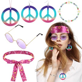 Batiyeer 6 Pcs Hippie Accessories for Women, Boho Peace Sign Earrings 60s 70s Outfits for Women Groovy Party Favor(Purple)