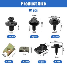 Pack of 64 Car Screw Nut Clip Kit, Car Body Undertray Fender Screws, Metal U Type Mounting Clip, Mudguard Clip, Sheet Metal Nuts Screws, Body Clamps for Car Body (Black)