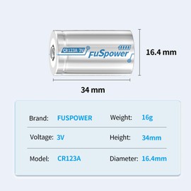 Fuspower CR123A Batteries CR17345 3V 1500mAh Lithium Battery CR17335 DL123A CR123 Batteries for Intensity Flashlight and Security Device (2pcs)