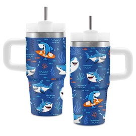 Shark Gifts for Boys, Shark Tumbler with Handle and Straw for Kids 14 oz, Gifts for Shark Lovers Kids, Cute Shark Themed Gifts for Toddlers, Insulated Stainless Steel Shark Mugs for Boys Girls