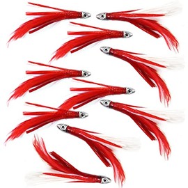 10pcs Fish WOW!® 4" Mini Feather 1/2oz Bullet Chrome Head Trolling Red White Feather unrigged Tuna Lure Bait