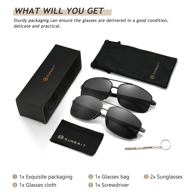 SUNGAIT Ultralight Rectangular Sunglasses Men's Polarised UV400 Protection Pack of