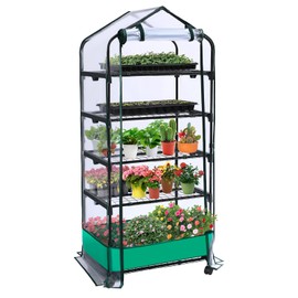 Mini Greenhouse with Portable Wheels, 5 Tier Shelves Rack Small Green House Heavy Duty with Waterproof Mat for Indoor Outdoor, Plants Seedling Supplies Durable PVC Plastic Cover with Cover Tape