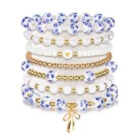 Y1tvei Blue Ceramic Bead Bracelets - 7Pcs Coquette Floral Vintage Beads Plastic Pearl Gold Bow Heart Charm Wrist Bracelet Travel Party Favor Stretchable Jewelry Accessory Chain Gift Supplies for Women
