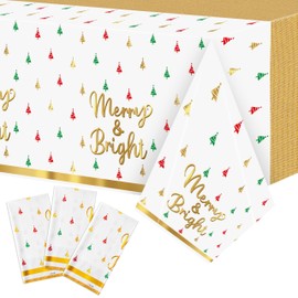 BkeeCten Christmas Winter Waterproof Tablecloths - 3 Packs Gold White Mini Christmas Tree Tablecloths Colorful Waterproof Table Cover Merry Bright Disposable Plastic Tablecloth Xmas Party Table Decor