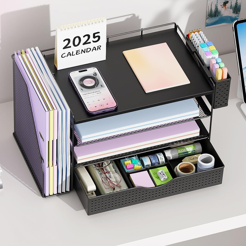 gianotter Wood Desk Organizers and Accessories with File Holder, 4-Tier