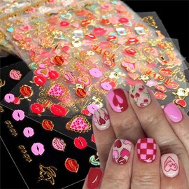 Valentine's Day Nail Art Stickers 30 Sheets Heart Nail Decals 3D Self Adhesive Lip Love Nail Art Supplies Winter Nail Stickers for Women DIY Acrylic Nail Decorations
