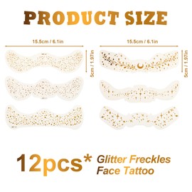 Gosknor 12stk Temporäre Gesichtstattoos mit Goldenen Sommersprossen, Glitzernde Make-up-Patches Wasserfeste Leuchtende Glitzerflecken Gesicht Aufkleber für Frauen Festivals Karneval Partys Tanzen