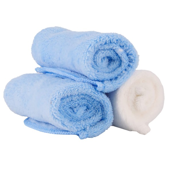 3 Pack Microfiber Super Soft Baby Face Cloths, 28 x 28cm Washable & Reusable Unscented Flannels, Multipack Blue and White, Ideal for Wiping and Cleaning Hands and Face (Blue)