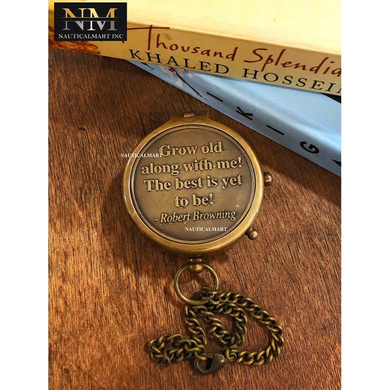 Grow Old Along with Me Engraved Brass Compass with Chain