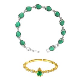 QEDBOJE Exquisite Emerald Jewelry Set: Delicate Gold Ring with Gemstone and Elegant Silver Bracelet with Green Crystals - Vintage Inspired Jewelry for Women, multicoloured
