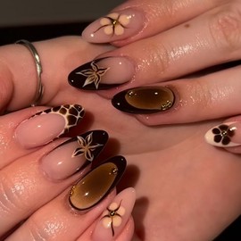 24 Pcs Flower Press on Nails Medium Almond Shaped Fake Nails with Floral and Gold Steel Ball Design Brown French Full Cover Acrylic Nails Stick on Nails for Women Nails Manicure Decoration 24 Pcs