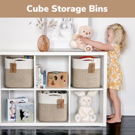 INDRESSME 11x11 Cube Storage Bins, 3-Pack Rope Woven Baskets for Organizing Storage Baskets for Shelves Baskets for Gifts Empty Square Toy Bins for Classroom, Nursery Closet, White & Brown
