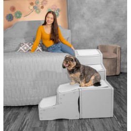Pet Gear Easy Step Bed Stair for Cats/Dogs, Adjusts to Either Side of Bed, Removable Washable Carpet Treads, Storage Compartment, for Pets Up to 75lbs, Fog