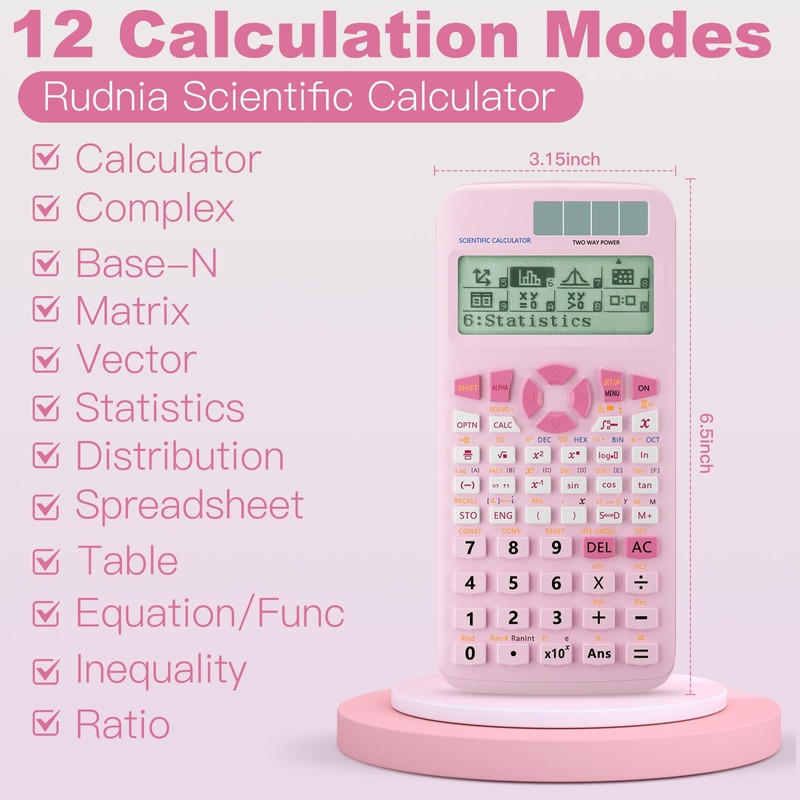 Rudnia Scientific Calculators,Rudnia Pink Solar Calculators with 4-line Display,10+2 Digits