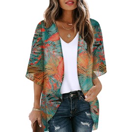 OFEEFAN 3/4 Length Sleeve Womens Tops Beach Cover Ups for Women Kimono Cardigans Resort Wear Tropical Leaves XL