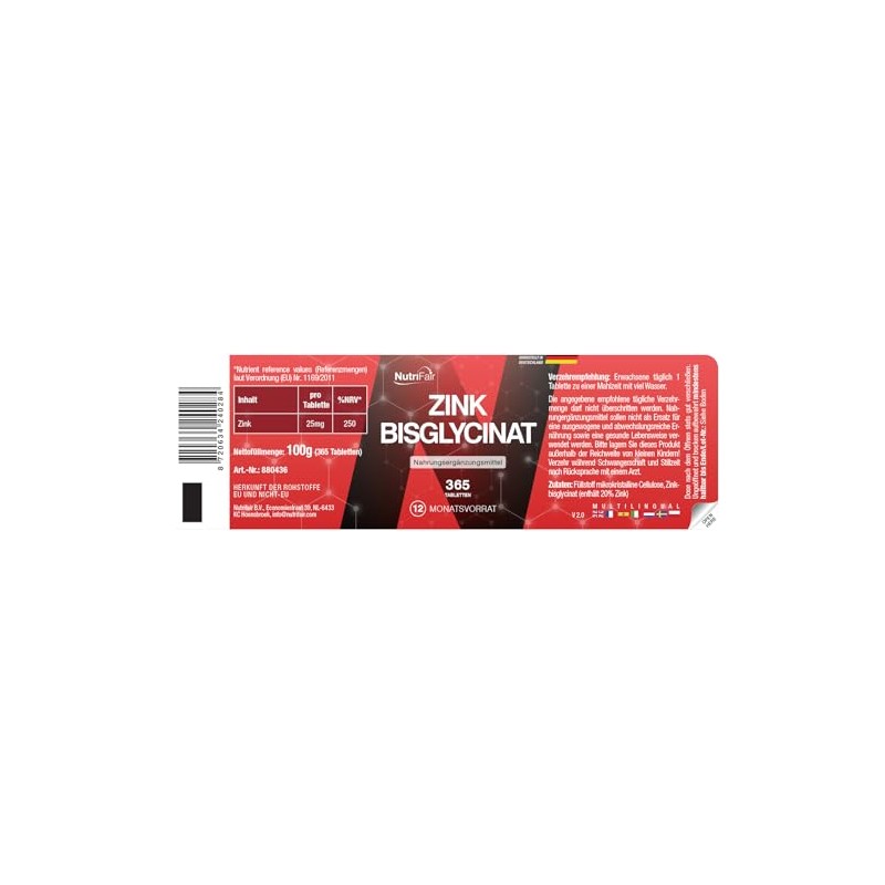 Zink 25mg - 365 Tabletten - Zink Bisglycinat - Hochdosiert