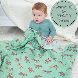 LollyBanks Swaddle Blanket, 100% Cotton Muslin Swaddle Blankets, Neutral Swaddle Blanket 47 x 47 Inches, Baby Blanket for Boys and Girls, Baby Essentials, Registry (Horse Racing Print)