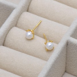 925 Sterling Silver Tiny Pearl Studs Earrings for Women, 18K Yellow Gold Plated
