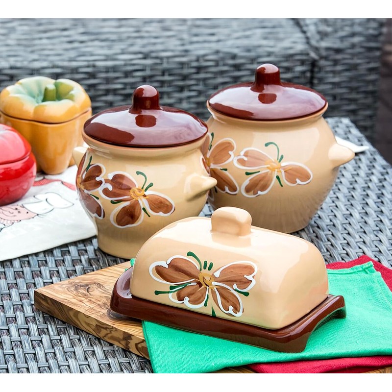 Clay Cooking Pot with Lid Handmade Beige Hand-Painted Clay Stoneware