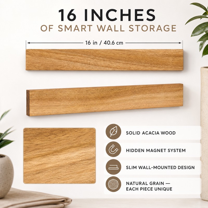 16 Inch Acacia Wood Magnetic Knife Holder for Wall, Strong