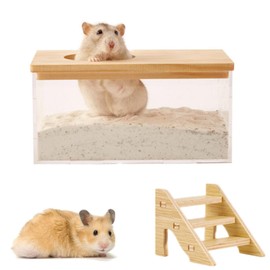 Sand Bath Container for Hamsters with Ladder Transparent Acrylic Sand Bathroom for Hamster Shower and Digging Room Cat Litter Tray for Mice Lemmings Gerbils Small Animals Sand Bath Box Hamster