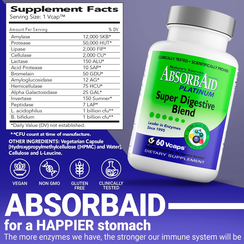 AbsorbAid Platinum Digestive Enzyme Support 60 vCaps, 12 Digestive Enzymes