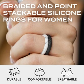 ROQ Silicone Wedding Rings for Women, Affordable Thin Braided Stackable Silicone Rubber Wedding Bands, 8, 4 & 2 Packs and Singles, 4 - 4.5 (15.3mm), Silicone, No Gemstone