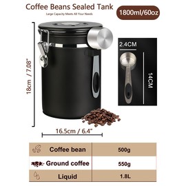 1.8L Coffee Canister Airtight Coffee Storage Container Stainless Steel Air Tight Coffee Jar with Scoop, Date Tracker and CO2 Release Valve for Beans, Ground, Tea, Flour, Cereal and Sugar (Black)