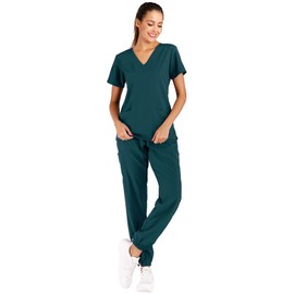 Minty Mint Women's Solid Stretch Medical Uniform Scrub Set V Neck Top Cargo Tapered Jogger Pants Carribean L