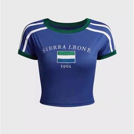 Sierra Leone Baby Tee 1961 Blue with White Stripes - Womenswear, Top Comfort Flag Retro Streetwear Casual - Size: Large