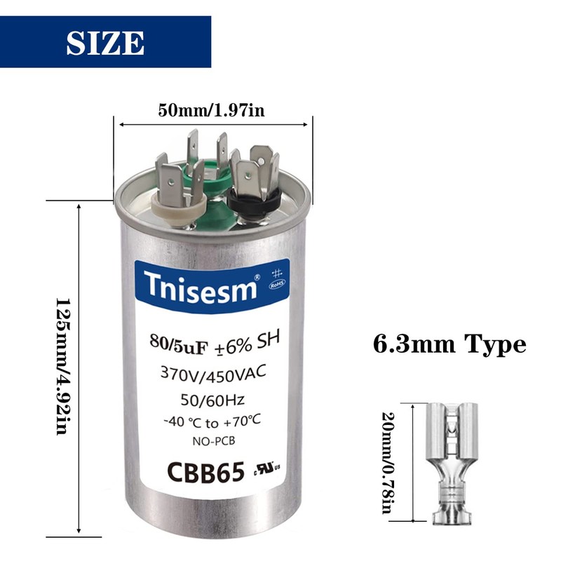 Tnisesm 70+5 uF 70/5 MFD ±6% CBB65 Capacitor Dual Run