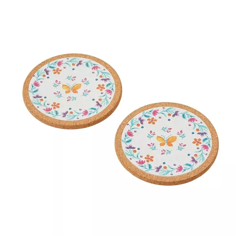 Pioneer Woman Cork Coasters Folk Geo 6Pc Set White Coral