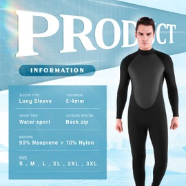 REALON Mens Womens Wetsuit 5/4mm Neoprene Scuba Diving Long Sleeve Back Zipper Thermal Wet Suits Cold Water Keep Warm