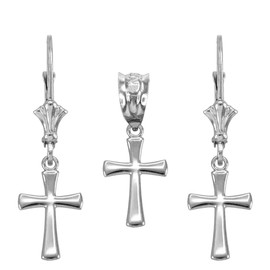 Claddagh Gold Religious Jewelry Rounded Mini Cross Charm Pendant and Earring Set in Sterling Silver
