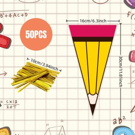 50Pcs Back to School Pencil Cellophane Treat Bags Treat Bags with Equals Twist Ties Funny Shaped Candy Cute Yellow Goodie Plastic Bulk Cellophane Snack Gift Bags for First Day School Party