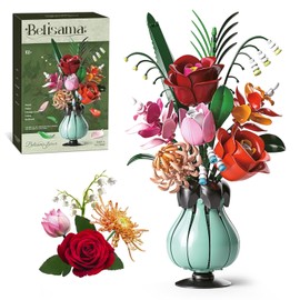 Juego de bloques de construcción de ramo de flores, 6 flores realistas (rosas, margaritas, hojas de naranja, loto y Bellwort) con florero serie botánica decoración floral artificial para el hogar