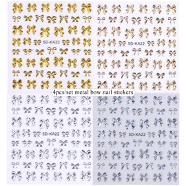FSpronail 5D Embossed Bow Stickers for Nails, 4PCS Metalic Gold Silver Bow Charms Sticker Self-Adhesive Shiny Holographic Nail Decals Cute Bowties Bowknot Y2K Design Pegatinas para Uñas