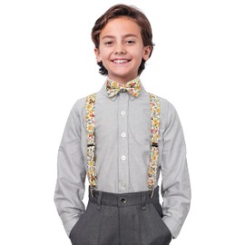 BELLUNO Boys' Floral Suspenders and Bow Tie Set, Pre-Tied Cotton Bowtie for Kids from Toddlers to Teens