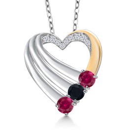 Gem Stone King 925 Silver and 10K Yellow Gold Red Created Ruby and Black Onyx and White Lab Grown Diamond Heart Pendant for Women | 0.82 Cttw | Gemstone July Birthstone | With 18 Inch Chain