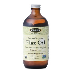 Flora - Flax Oil - Cold-Pressed, Unrefined, Organic Flax Seed Oil - Contains Omega-3 & Omega-6 - Non-GMO & Gluten-Free - Keep Chilled - 17 fl. oz. Amber Glass Bottle
