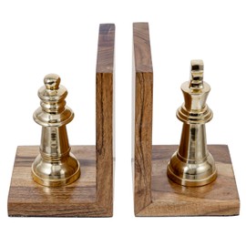 MyGift Decorative Chess Bookends Heavy Duty Mango Wood and Brass Tone Metal King and Queen Chess Pieces Design Bookend Shelf Decor - Handcrafted in India