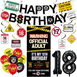 Roetyce 18th Birthday Decorations for Boys Girls, Caution Logos Happy 18th Birthday Banner Backdrop Balloons Hanging Swirls Kit, 18 Years Old Party Yard Door Wall Cover Background