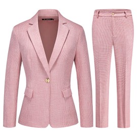 TRONSTORE Women's Suit 2 Piece Set Business Pants Suit for Women Pinstripe Houndstooth Blazer Pink L